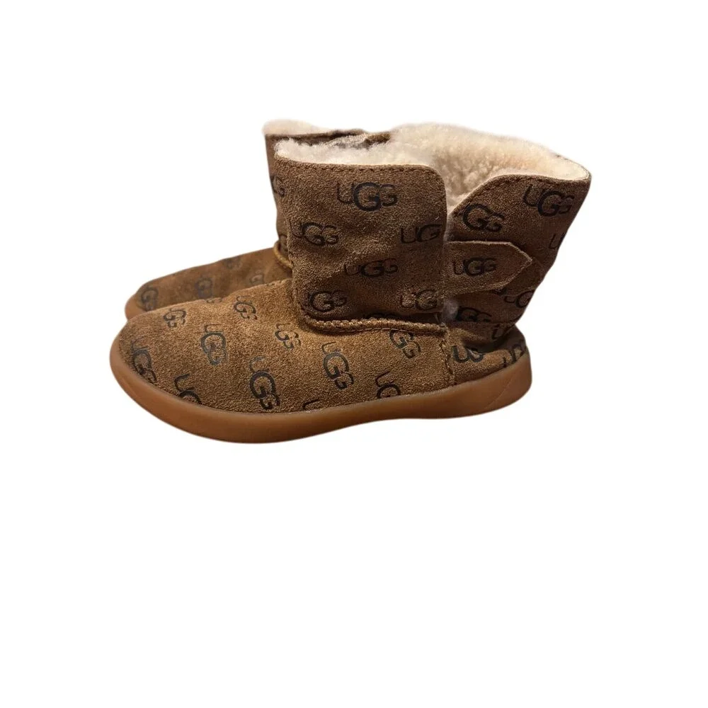 UGG Kids‎ All-Over Logo Print Sherpa Lined Winter Boots Brown Size 11